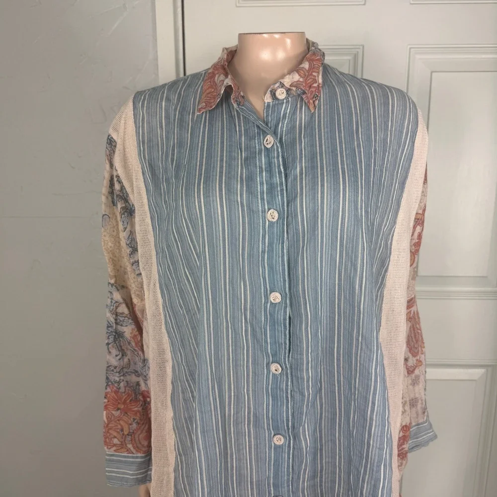 Free People All Patched Up Women's Shirt XS Button Mixed Print Cotton Boho V3-9